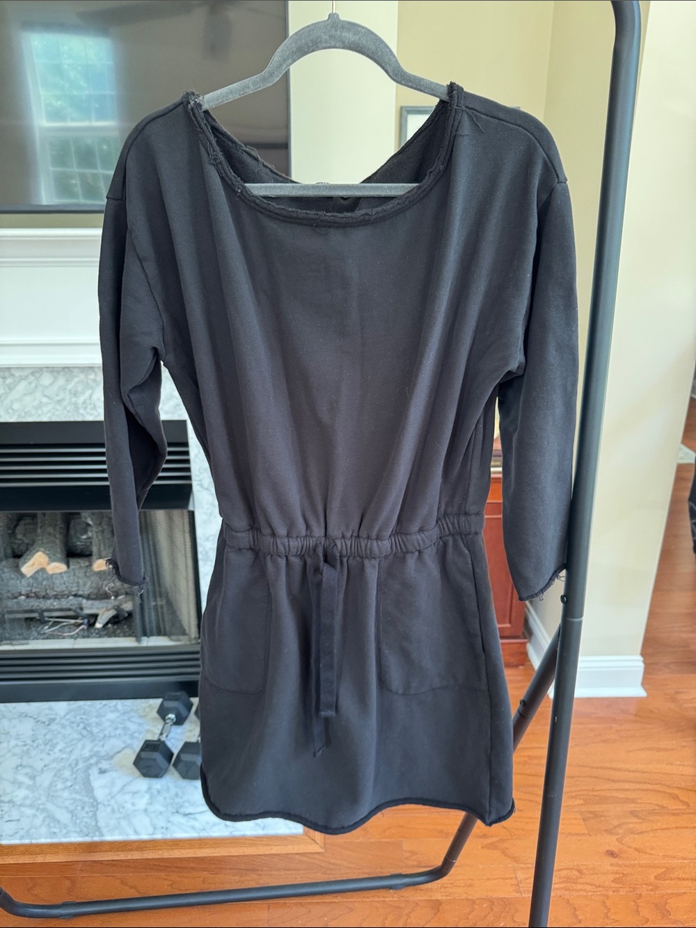 Black Drawstring Waist Tunic Dress with Pockets